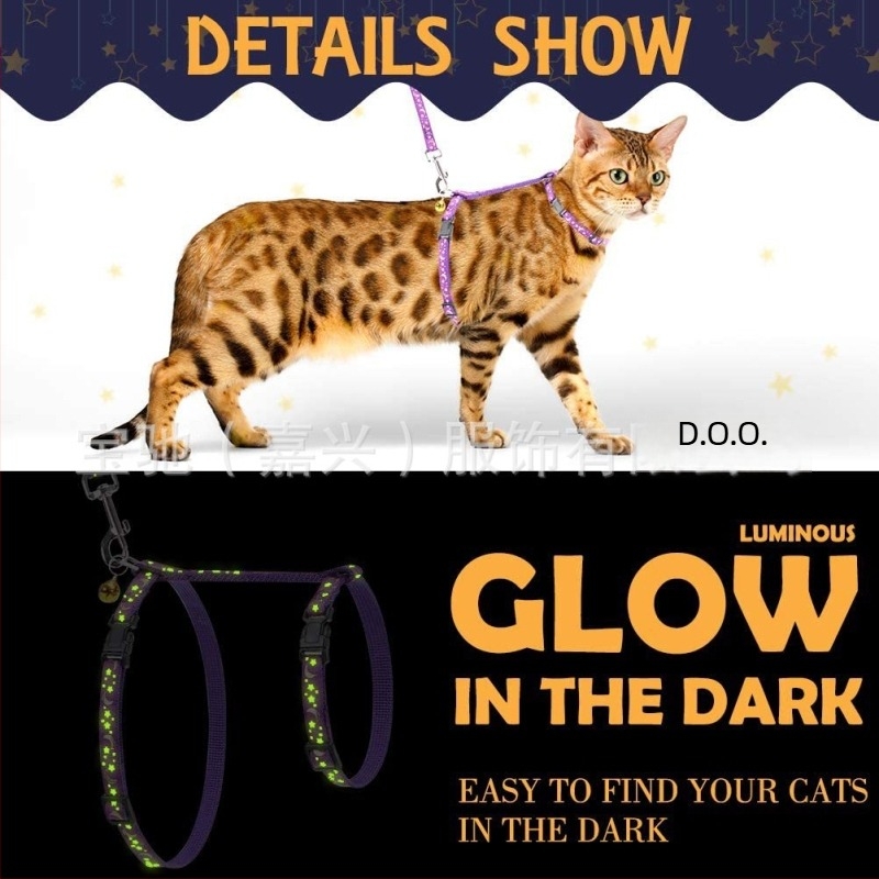 Mačji prsni hám s fluoresc. uzorkom zvijezda i mjesec, web traka — paket 100