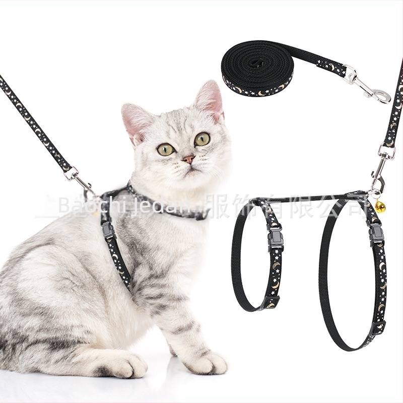 Mačji prsni hám s fluoresc. uzorkom zvijezda i mjesec, web traka — paket 100