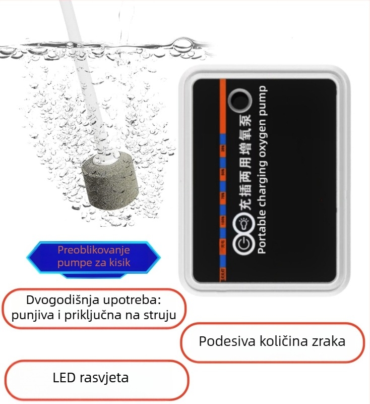 Kisik pumpa za akvarij – prijenosna s USB, punjiva litijska baterija, LED indikator, dvostruka namjena za ribolov i vanjsku upotrebu