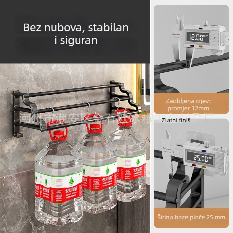 3-razinski zidni držač ručnika s dvostrukom šipkom, bez bušenja, od plastike s pečenim lakom, nosivost 5 kg