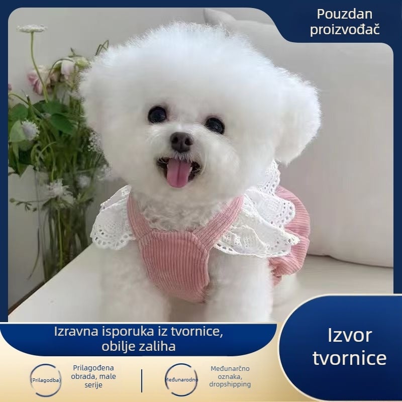 Odeća za kućne ljubimce: kordurova haljina s mašnicom za proljeće i jesen, kopča za povodac, čipka, casual stil, poliester