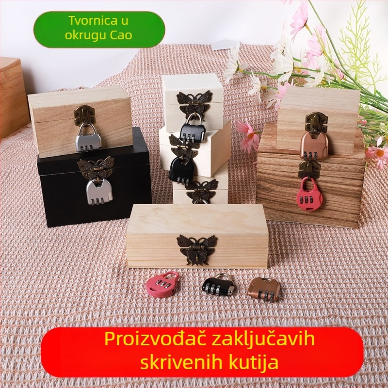 Drvena kutija s bravom i graviranjem, Model 001, Prirodno drvo, Unutarnja tkanina, Print loga dostupan