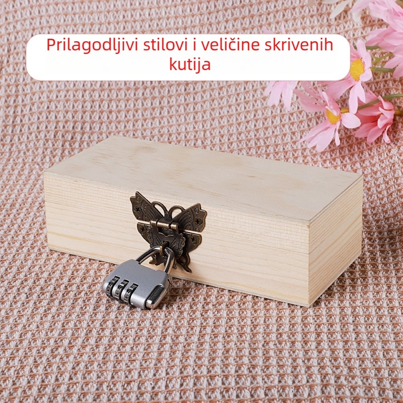 Drvena kutija s bravom i graviranjem, Model 001, Prirodno drvo, Unutarnja tkanina, Print loga dostupan