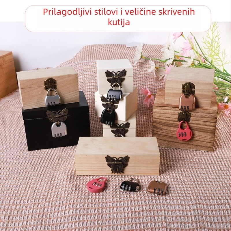 Drvena kutija s bravom i graviranjem, Model 001, Prirodno drvo, Unutarnja tkanina, Print loga dostupan