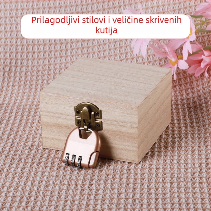 Drvena kutija s bravom i graviranjem, Model 001, Prirodno drvo, Unutarnja tkanina, Print loga dostupan