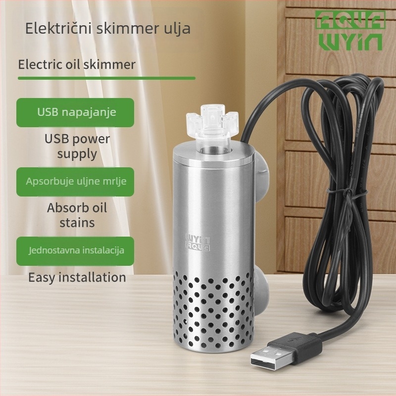WYIN Električni uklanjivač masnih filmova za akvarij – nehrđajući čelik, USB napajanje, usisna čašica, 210 g
