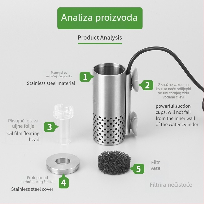 WYIN Električni uklanjivač masnih filmova za akvarij – nehrđajući čelik, USB napajanje, usisna čašica, 210 g