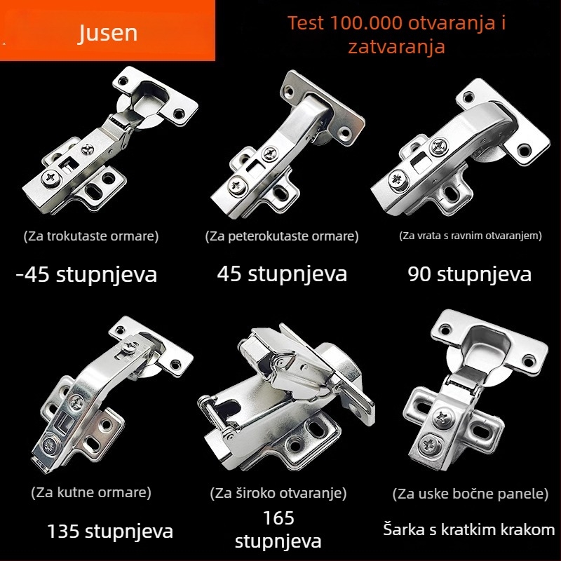 Jusen 175 kutni šarki, 165 šarki, 45° nagnuta vrata ormara, 135 spojna vrata, 270 šarki ormara s amortizerom