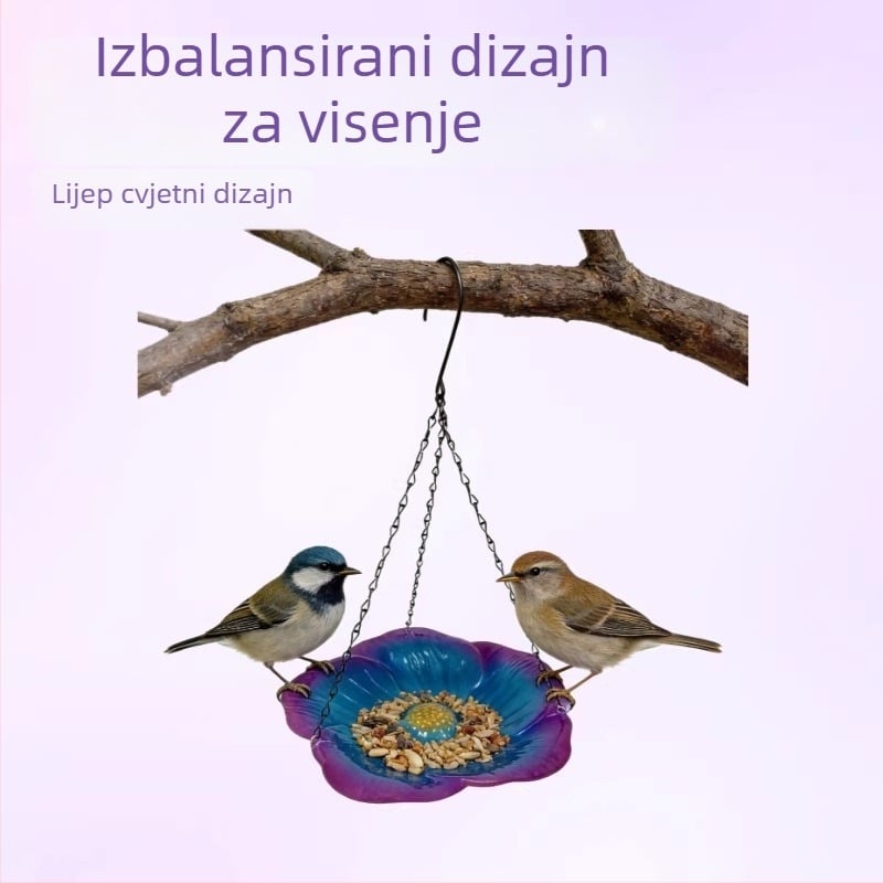 Izbalansirana viseća hranilica za ptice s dozom vode i hrane — cvjetni dizajn, dekor za balkon i vrt, metalna izrada