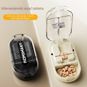 Kutija za tablete s ugrađenim rezačem i dijeličem, 18 pretinaca, flip-top poklopac, ABS+PC otporna na prašinu