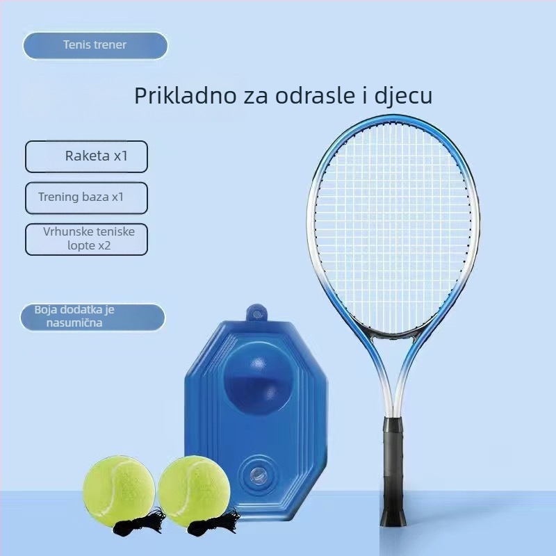 Set za tenis trening s reketa od aluminijskog legura i najlonskim kabelom – sustav samostalnog treninga s odskokom