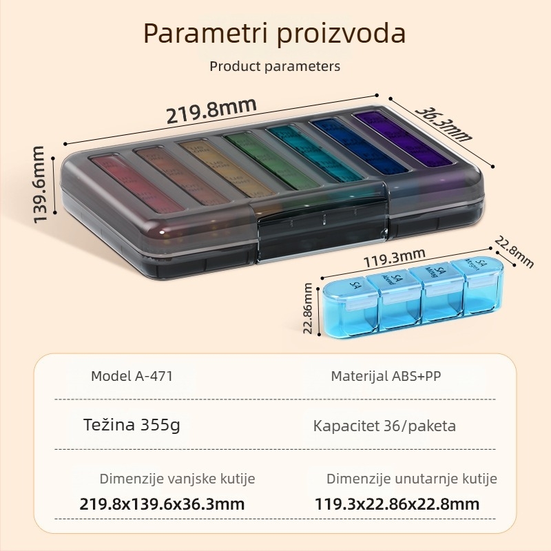 Prijenosna kutija za lijekove za sedam dana s dijelovima za tri obroka dnevno, model A-372, PP plastika, sa brtvnim poklopcem, kapacitet 2 L