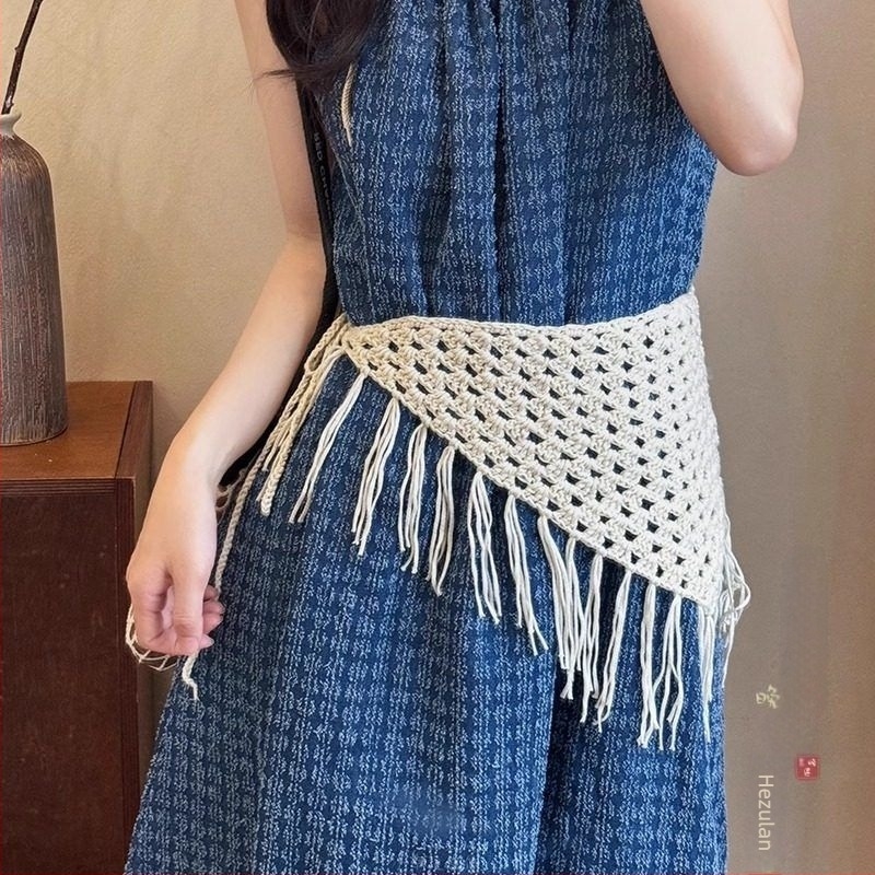 Boho bijeli tkaninski trokutasti šal-pojas za žene, vintage ukrasni šal za struk, hip wrap, marama za glavu, dodatak za struk