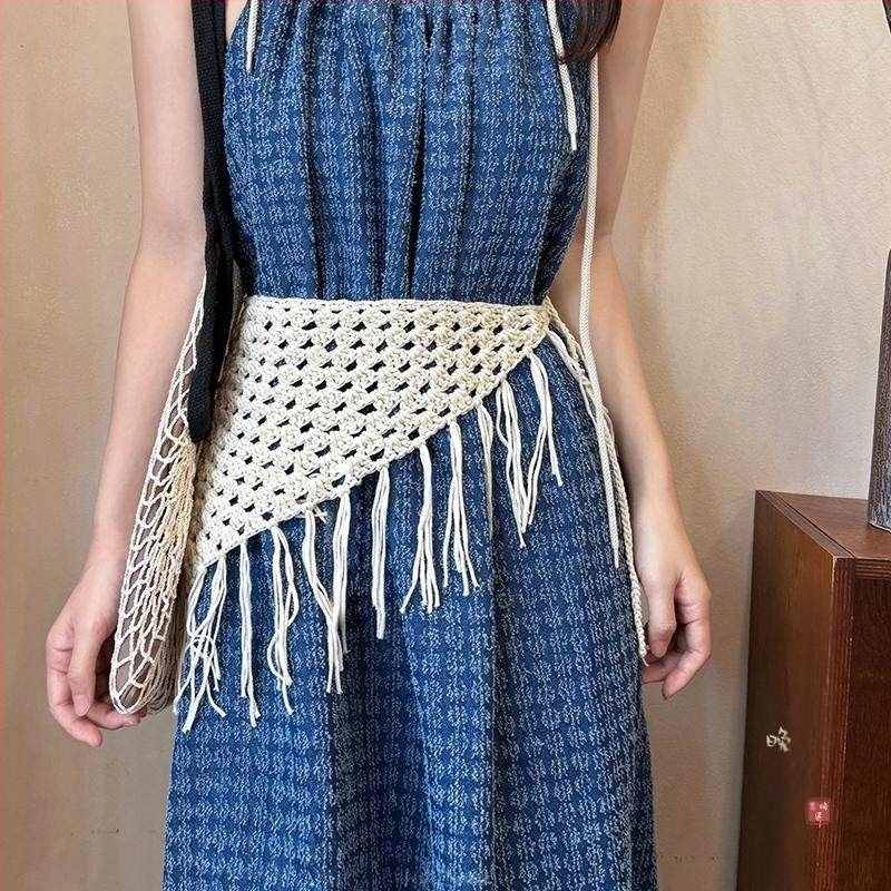 Boho bijeli tkaninski trokutasti šal-pojas za žene, vintage ukrasni šal za struk, hip wrap, marama za glavu, dodatak za struk
