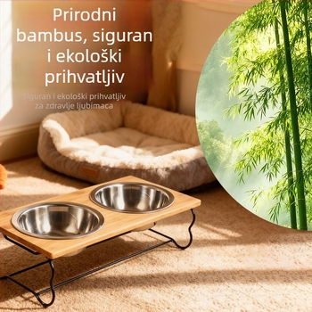 Posuda od nehrđajućeg čelika za kućne ljubimce s drvenim stalkom za mačke i pse – ovlaštena privatna marka