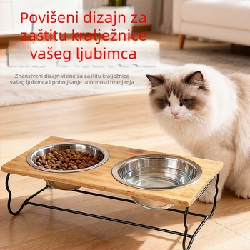Posuda od nehrđajućeg čelika za kućne ljubimce s drvenim stalkom za mačke i pse – ovlaštena privatna marka