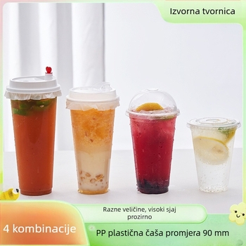 Jednokratna plastična čaša za mliječni čaj, Ø90 mm promjer, debela čaša za hladna pića s poklopcem, čaša za sojino mlijeko, za komercijalnu upotrebu