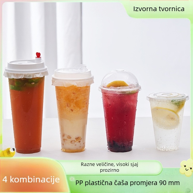 Jednokratna plastična čaša za mliječni čaj, Ø90 mm promjer, debela čaša za hladna pića s poklopcem, čaša za sojino mlijeko, za komercijalnu upotrebu