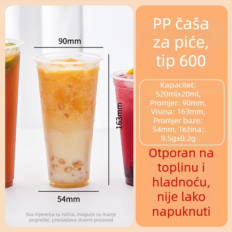 Jednokratna plastična čaša za mliječni čaj, Ø90 mm promjer, debela čaša za hladna pića s poklopcem, čaša za sojino mlijeko, za komercijalnu upotrebu