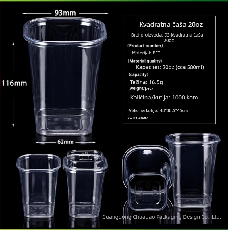 Pet93 kvadratna jednokratna šalica za mliječni čaj, 10–24 oz
