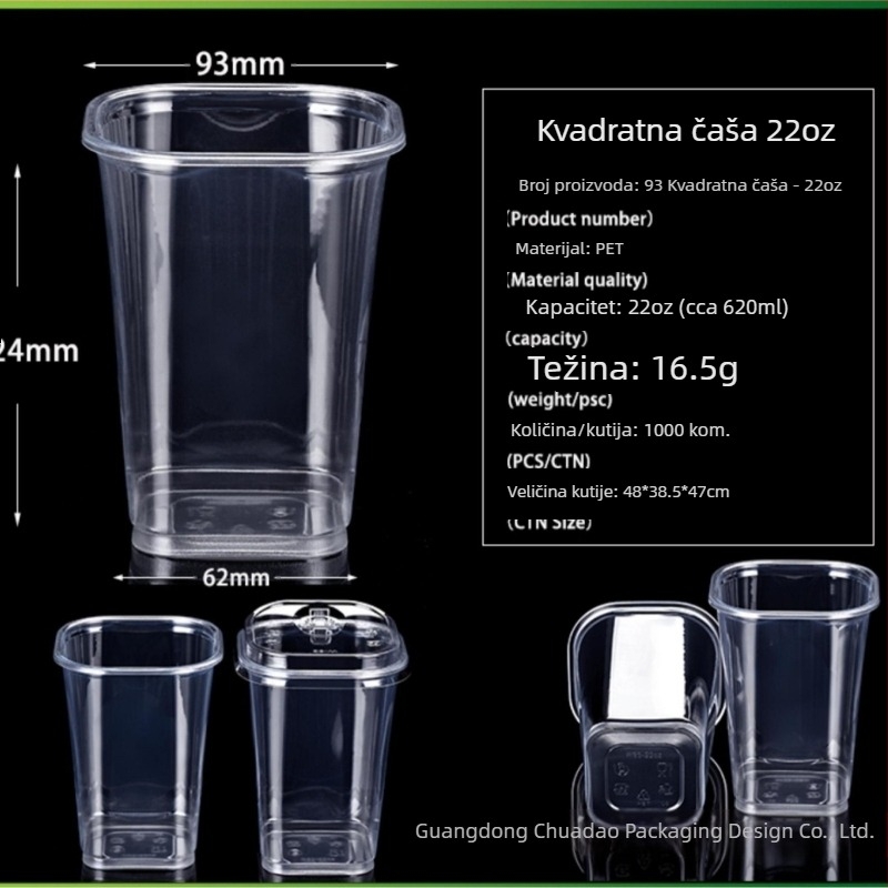 Pet93 kvadratna jednokratna šalica za mliječni čaj, 10–24 oz