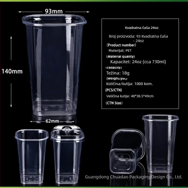 Pet93 kvadratna jednokratna šalica za mliječni čaj, 10–24 oz