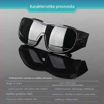 Zaštitne naočale za lasersku i svjetlosnu radiaciju, okvir PC, raspon 200–2000 nm, propusnost svjetla 10–45%, standardi GB30863/EN207