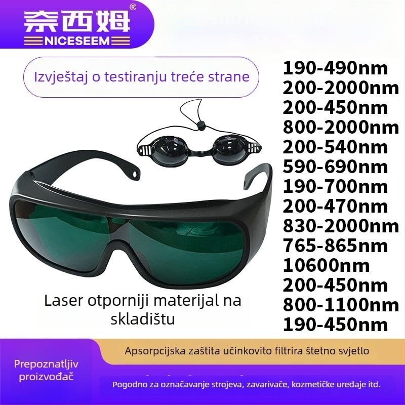 Zaštitne naočale za lasersku i svjetlosnu radiaciju, okvir PC, raspon 200–2000 nm, propusnost svjetla 10–45%, standardi GB30863/EN207