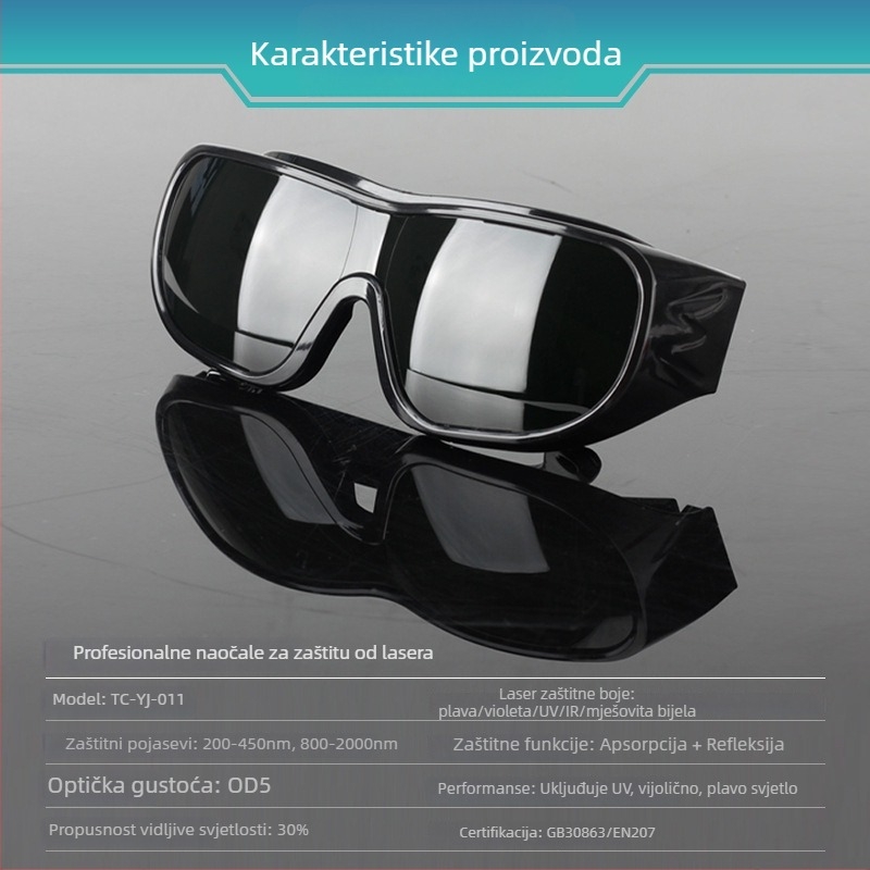 Zaštitne naočale za lasersku i svjetlosnu radiaciju, okvir PC, raspon 200–2000 nm, propusnost svjetla 10–45%, standardi GB30863/EN207