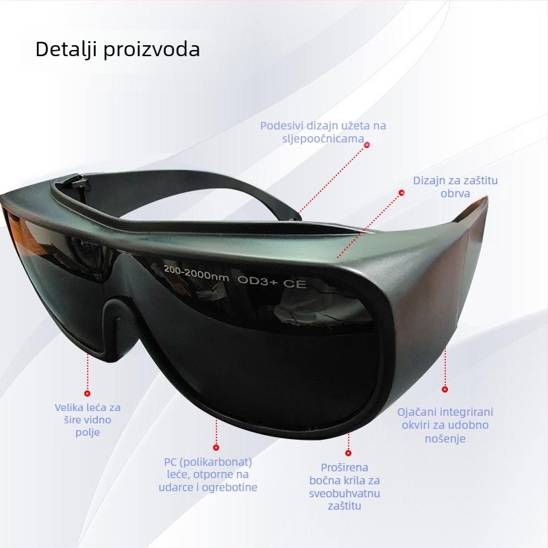 Zaštitne naočale za lasersku i svjetlosnu radiaciju, okvir PC, raspon 200–2000 nm, propusnost svjetla 10–45%, standardi GB30863/EN207