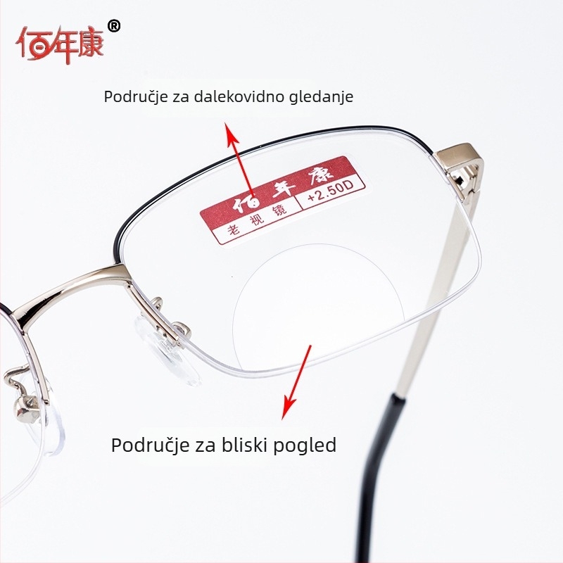 Bifokalne naočale za čitanje s zaštitom od plavog svjetla, za daljinsko i blizinu, leće od smole, poluokvir metalni dizajn.