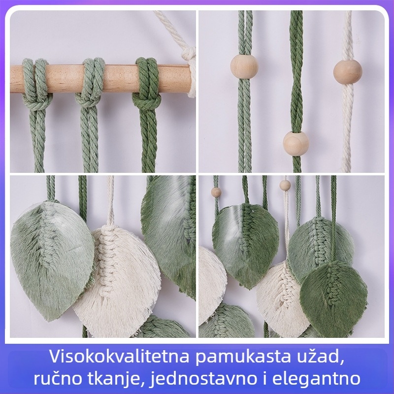 Zidni goblen od pamukovog užeta s motivom lista, ručno tkan, nordijski stil
