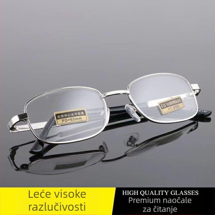 Presbiopijske naočale s poluokvirnim metalnim okvirom, kvadratni okvir, staklene leće s premazom smole
