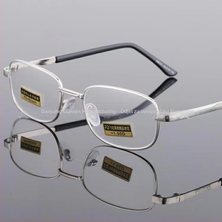 Presbiopijske naočale s poluokvirnim metalnim okvirom, kvadratni okvir, staklene leće s premazom smole