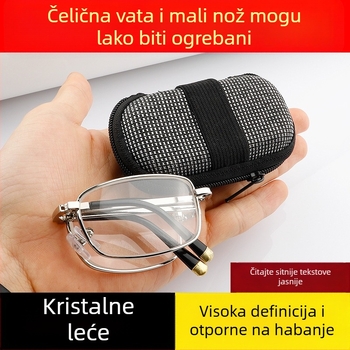Sklopive naočale za čitanje s lećama od stakla za starije osobe – leće visoke definicije, metalni okvir, puni okvir, kompaktne u džepu