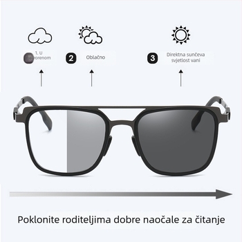Fotochromatske čitačke naočale s automatskim zumom, progresivne višefunkcionalne, kvadratne polu-okvir metalni okvir, leće protiv plavog svjetla