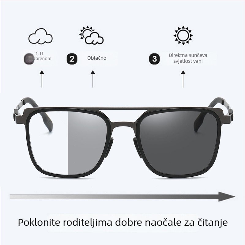 Fotochromatske čitačke naočale s automatskim zumom, progresivne višefunkcionalne, kvadratne polu-okvir metalni okvir, leće protiv plavog svjetla