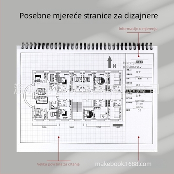 Dizajnerska bilježnica za mjerenje za unutarnje uređenje, spiralno uvezivanje, tvrdi uvez, offset papir 100 g, 50–100 stranica