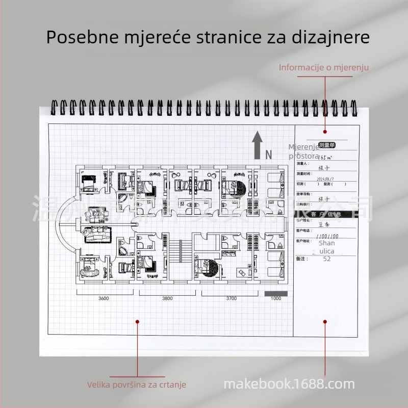 Dizajnerska bilježnica za mjerenje za unutarnje uređenje, spiralno uvezivanje, tvrdi uvez, offset papir 100 g, 50–100 stranica