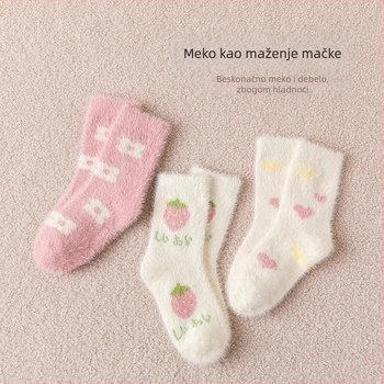 Dječje zimske čarape s Strawberry Mink Fleece — Akril, debeli, crtani uzorak, za djecu 3–8 godina