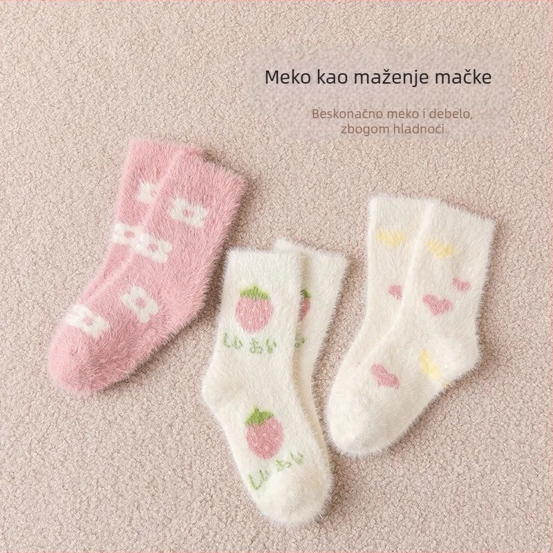 Dječje zimske čarape s Strawberry Mink Fleece — Akril, debeli, crtani uzorak, za djecu 3–8 godina