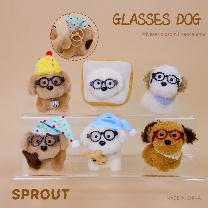 Plišani psić s naočalama i šeširom, privjesak za ključeve; punjenje: PP pamuk; pliš: super mekan kratki pliš; za uzrast 4-6 godina