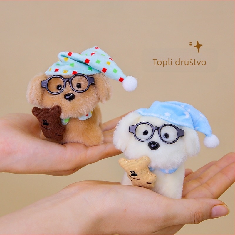 Plišani psić s naočalama i šeširom, privjesak za ključeve; punjenje: PP pamuk; pliš: super mekan kratki pliš; za uzrast 4-6 godina