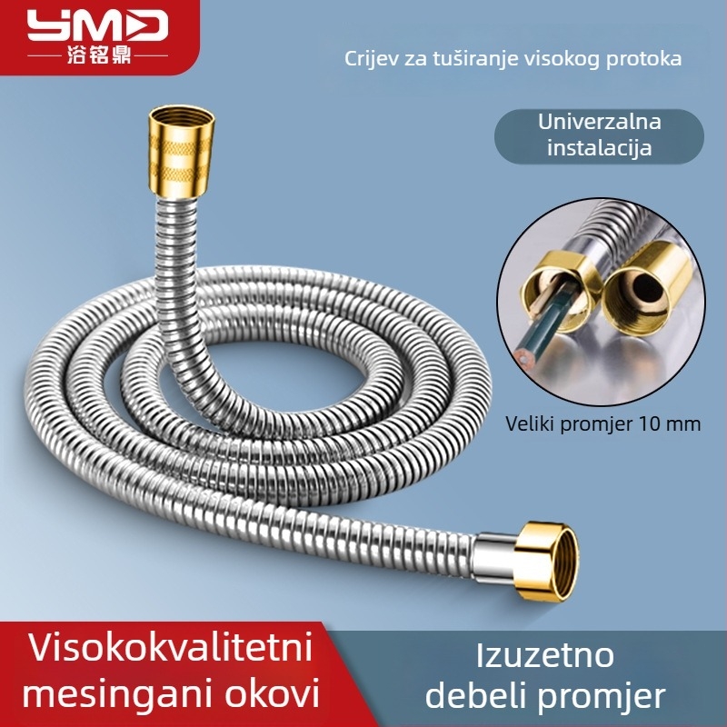 Crijevo za tuš visokog protoka, duljina 1,5–2 m, nehrđajući čelik/bakar, mlaznica otporna na eksplozije, cijev s dvostrukim kopčama