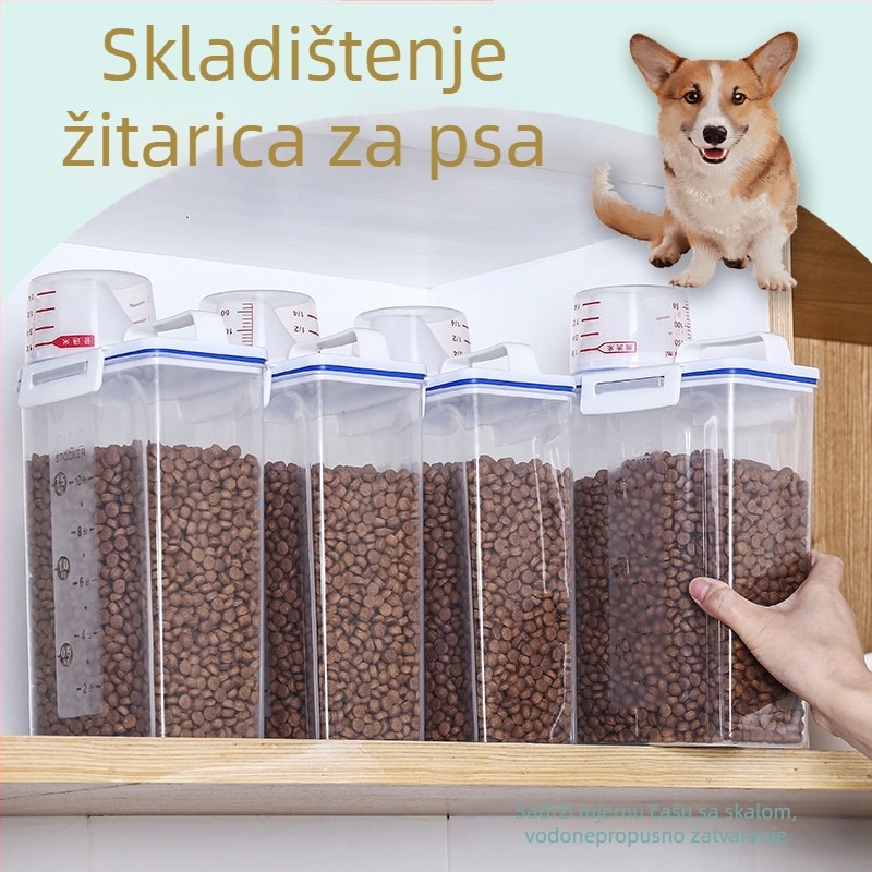 Zatvoren spremnik za hranu za mačke i pse s mjernom šalicom, 2,5 L, otporan na vlagu, prehrambeni PP