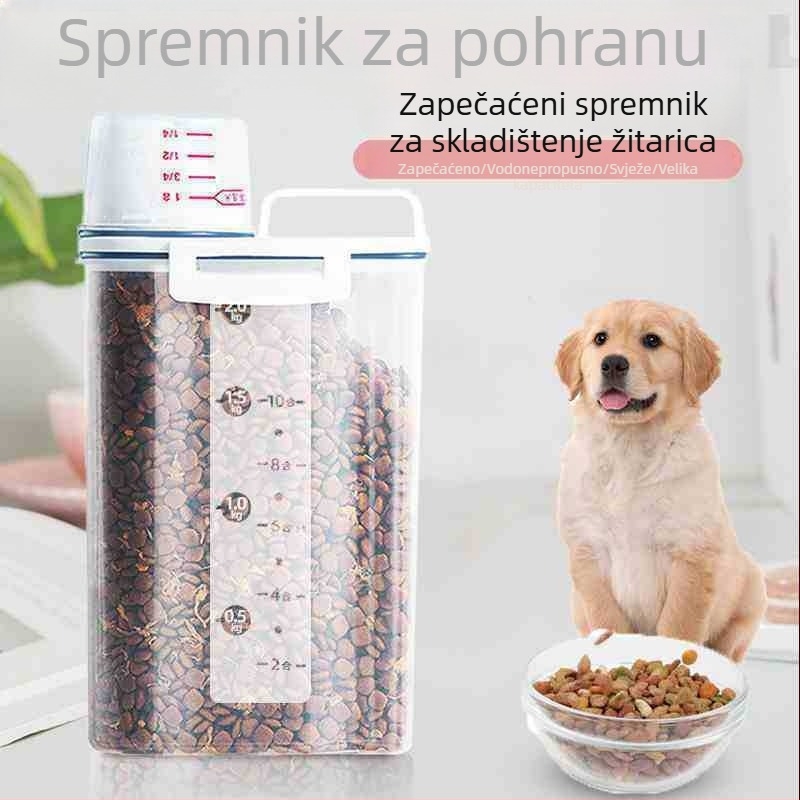 Zatvoren spremnik za hranu za mačke i pse s mjernom šalicom, 2,5 L, otporan na vlagu, prehrambeni PP