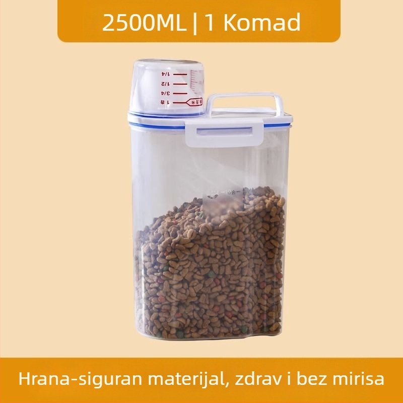 Zatvoren spremnik za hranu za mačke i pse s mjernom šalicom, 2,5 L, otporan na vlagu, prehrambeni PP