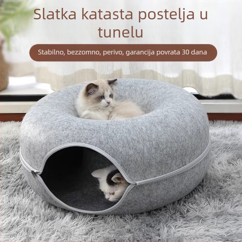 Filcasto gnijezdo za mačke s donut tunelom — toplo sklonište za mačke tijekom svih godišnjih doba