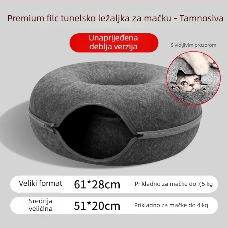 Filcasto gnijezdo za mačke s donut tunelom — toplo sklonište za mačke tijekom svih godišnjih doba