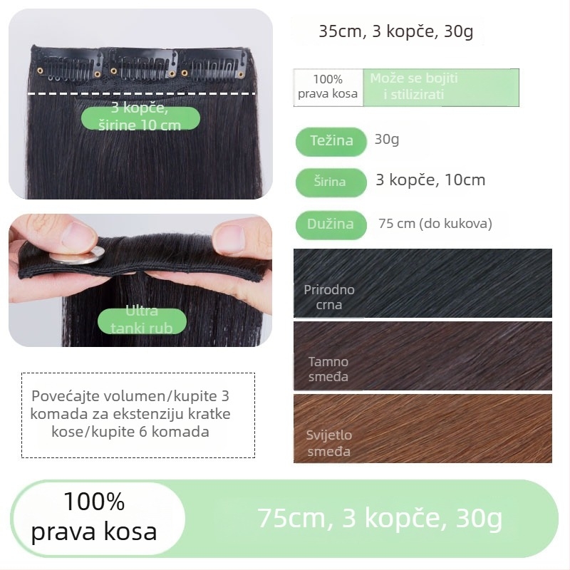 Topper od pravih vlasi za krunu s volumenom, bezšivne i nevidljivo, za dugu kosu